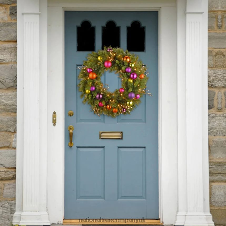 Greenery | National Tree Company Pre-Lit Artificial Christmas Wreath Green Kaleidoscope White Lights Decorated with Berry Clusters Ball Ornaments Christmas Collection 30 Inches F2L4F272